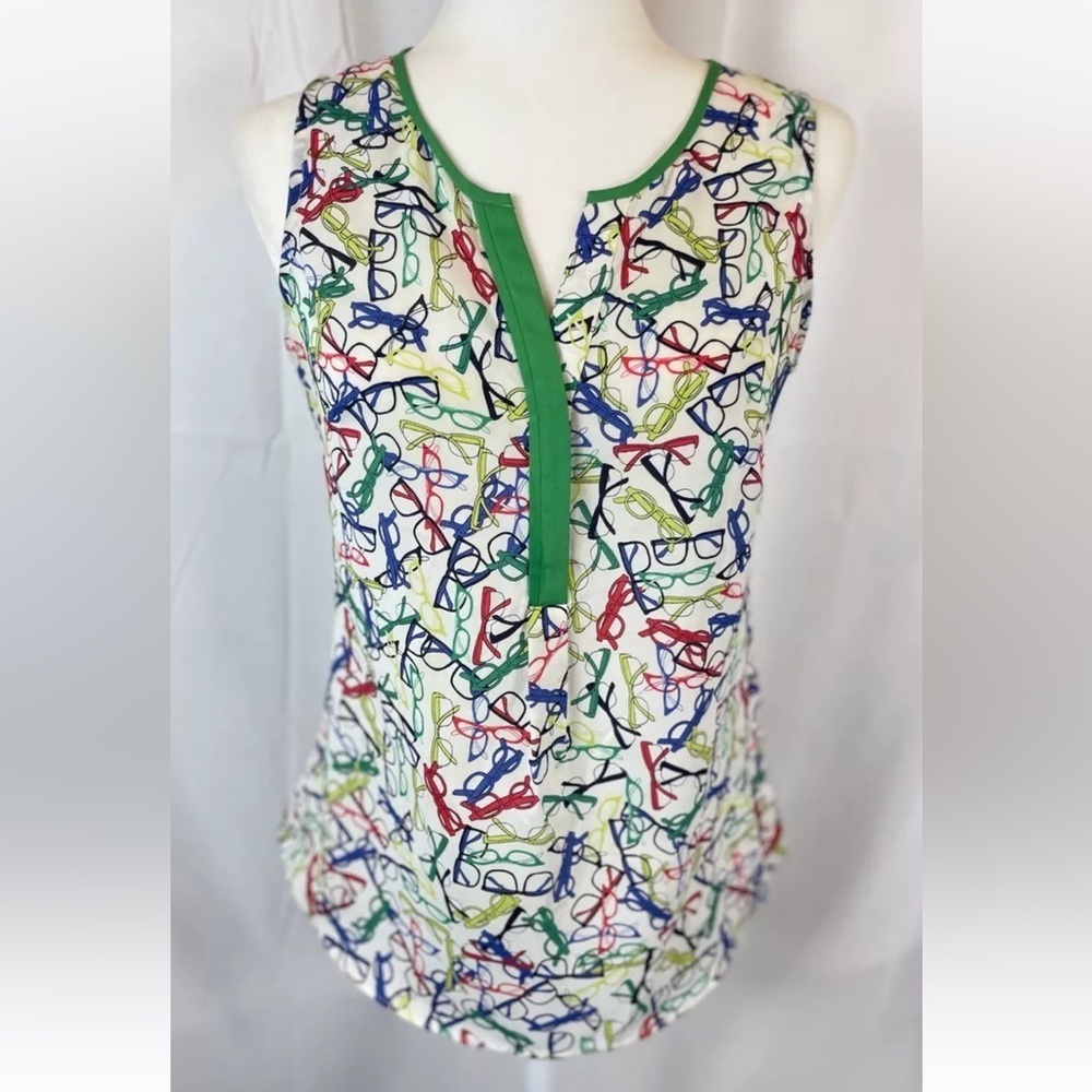 Banana Republic XS Colorful Novelty Print Eyeglasses Scoop-neck V Henley blouse